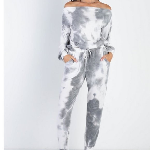 MODA ME COUTURE Tops - Charcoal Tie-Dye Off-The-Shoulder Top High Waist Pants Set